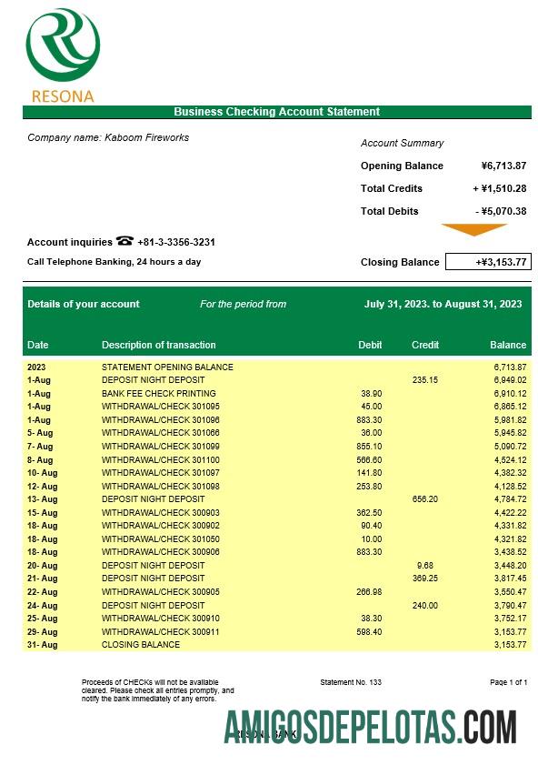 Realista Resona empresa bancária extrato de conta corrente modelo Word e PDF
